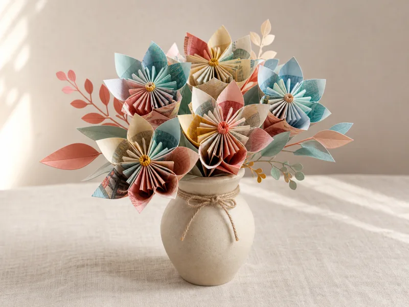 Handgemachter Papierblumenstrauß mit gefalteten Geldblüten in einer hellen Vase