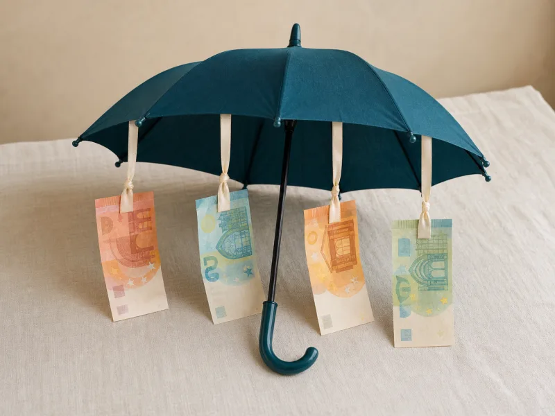 Geöffneter dunkelblauer Regenschirm mit Geldscheinen an hellen Bändern
