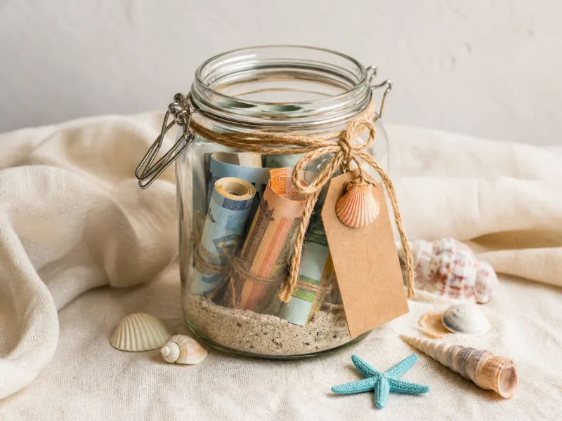 Reisekasse im Schraubglas mit gerollten Geldscheinen, Sand und Muscheln